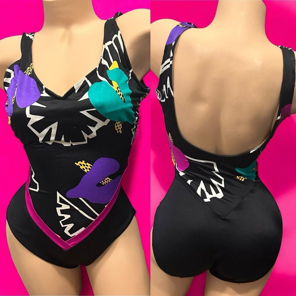 Vintage slim Suit Womens 12 Swimsuit Retro 80’s Shapes Shiny Slimming Colorful